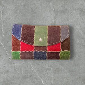 Vintage Patchwork Suede Clutch Wallet With Snap Closure & Multiple Compartments